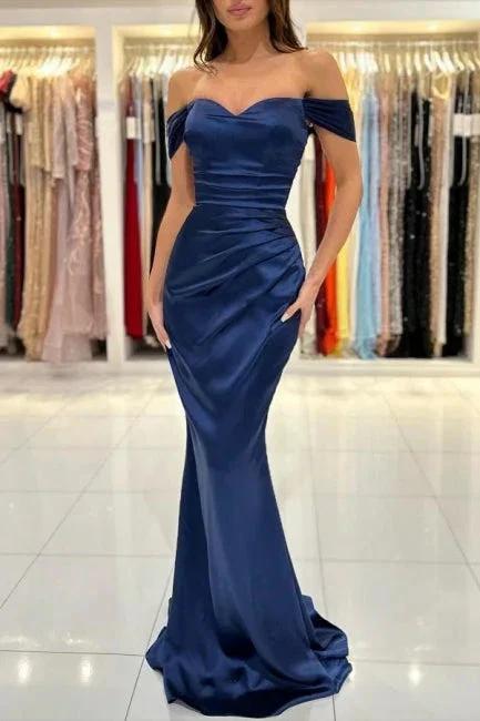 Simple Long Dark Navy Off-the-shoulder Sleeveless Mermaid Evening Dresses by misshow.com