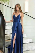Simple Long Dark Navy Spaghetti Straps Evening Dresses With Slit by misshow.com