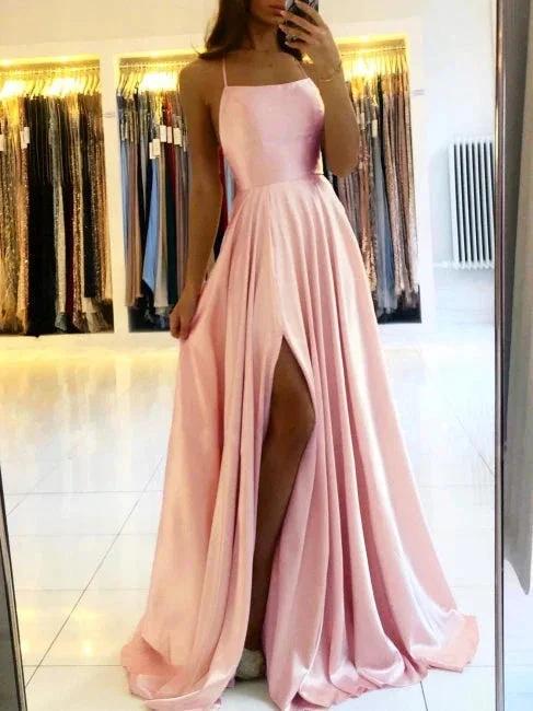 Simple Long Evening Dress Spaghetti Straps Prom Dresses With Slit by misshow.com
