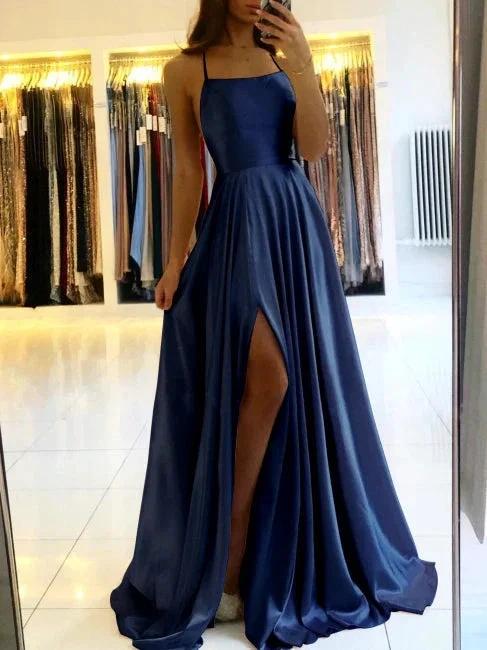 Simple Long Evening Dress Spaghetti Straps Prom Dresses With Slit by misshow.com