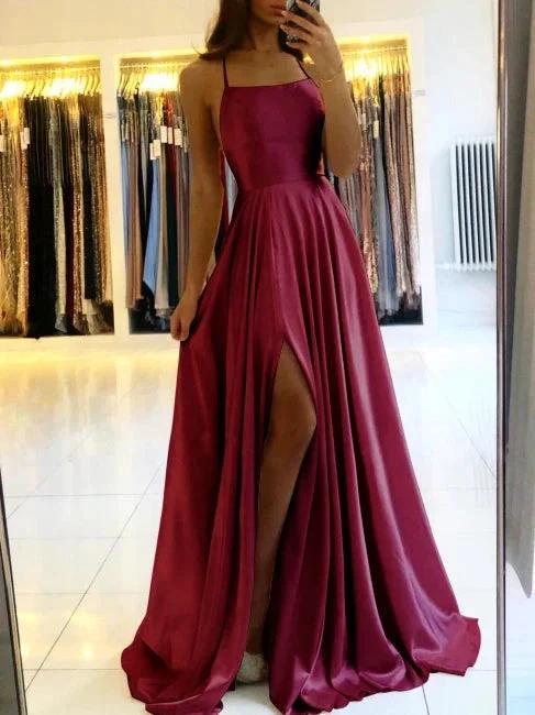 Simple Long Evening Dress Spaghetti Straps Prom Dresses With Slit by misshow.com