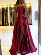 Simple Long Evening Dress Spaghetti Straps Prom Dresses With Slit by misshow.com