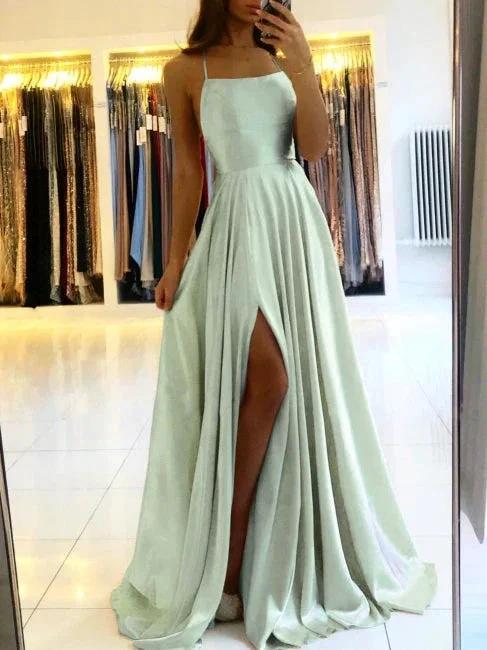 Simple Long Evening Dress Spaghetti Straps Prom Dresses With Slit by misshow.com