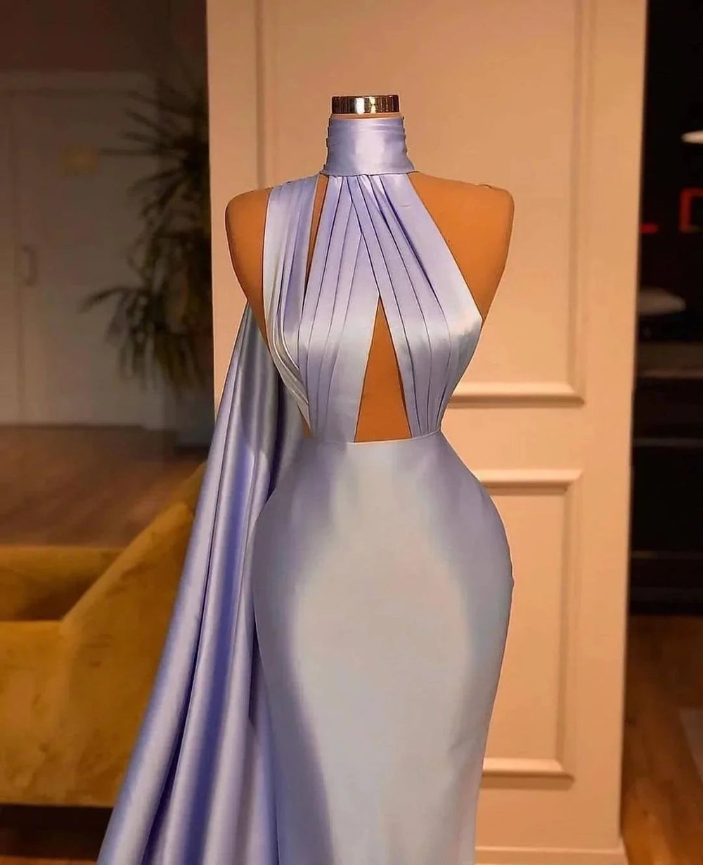 Simple Long Halter Mermaid Satin Prom Dresses With Ruffles by BIZTUNNEL