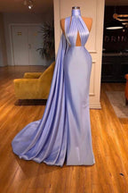 Simple Long Halter Mermaid Satin Prom Dresses With Ruffles