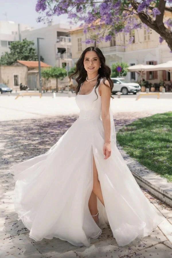 Simple Long Ivory A-line Straps Tulle Sleeveless Wedding Dress with Slit by misshow.com
