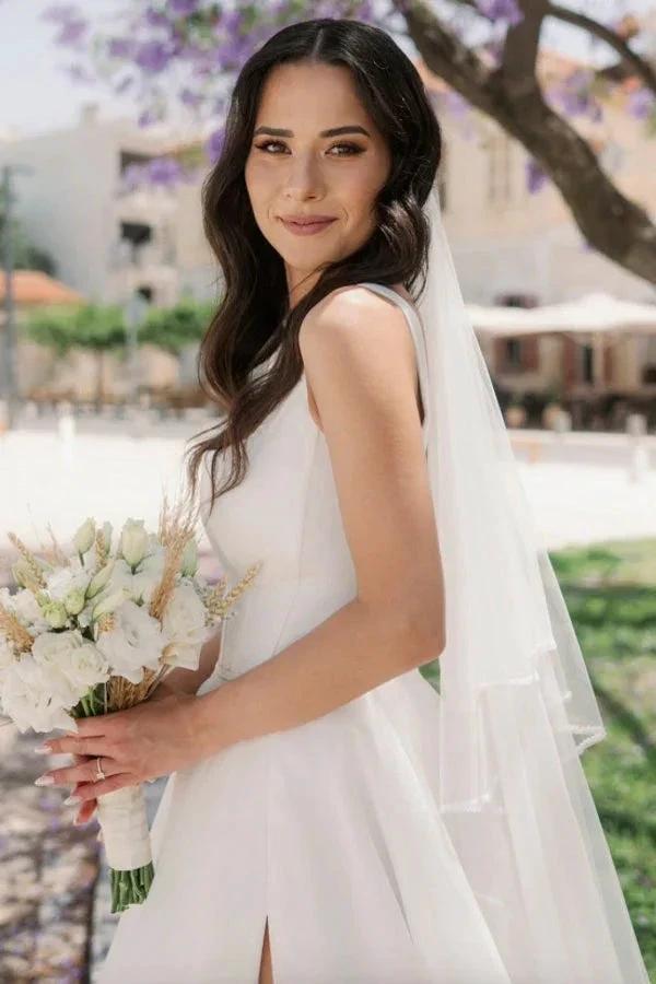 Simple Long Ivory A-line Straps Tulle Sleeveless Wedding Dress with Slit by misshow.com