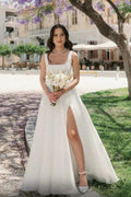 Simple Long Ivory A-line Straps Tulle Sleeveless Wedding Dress with Slit by misshow.com