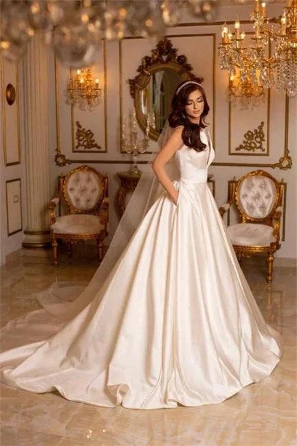 Simple Long Ivory A-line V-neck Satin Sleeveless Wedding Dresses With Train by misshow.com