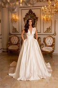 Simple Long Ivory A-line V-neck Satin Sleeveless Wedding Dresses With Train by misshow.com