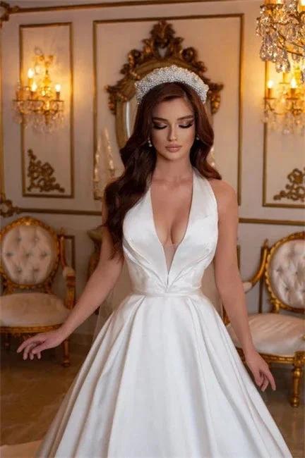 Simple Long Ivory A-line V-neck Sleeveless Satin Wedding Dresses by misshow.com