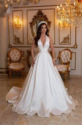 Simple Long Ivory A-line V-neck Sleeveless Satin Wedding Dresses by misshow.com