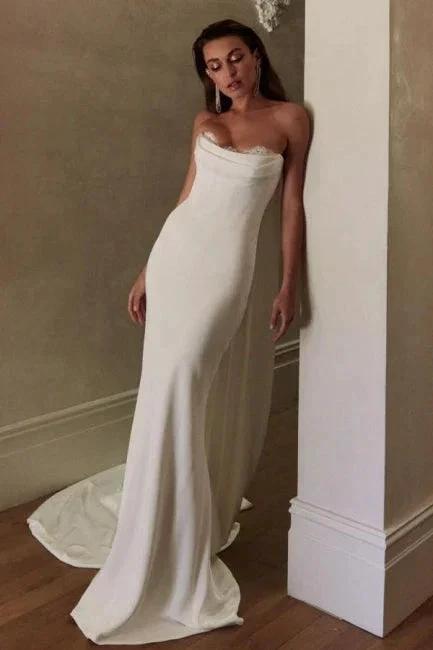 Simple Long Ivory Mermaid Strapless Satin Wedding Dress with Lace by misshow.com