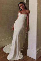 Simple Long Ivory Mermaid Strapless Satin Wedding Dress with Lace by misshow.com