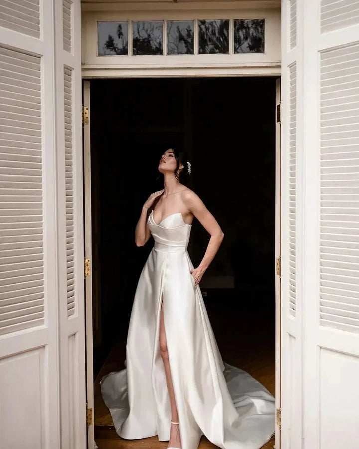 Simple Long Ivory V-neck A-line Sleeveless Wedding Dress With Slit by misshow.com