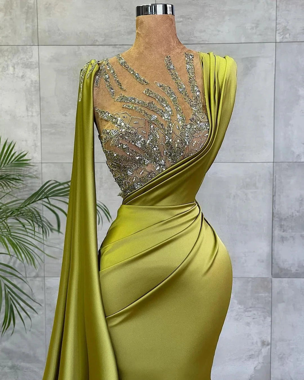 Simple Long Jewel Satin Mermaid Prom Dress by BIZTUNNEL