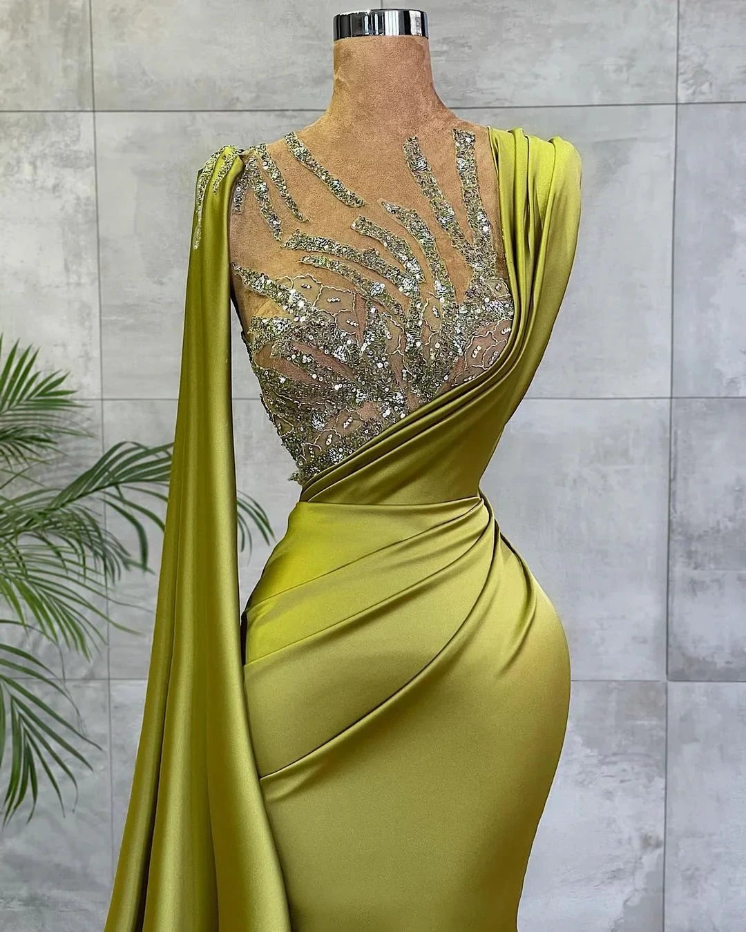 Simple Long Jewel Satin Mermaid Prom Dress by BIZTUNNEL