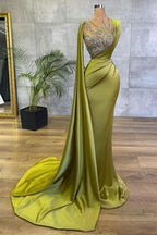 Simple Long Jewel Satin Mermaid Prom Dress by BIZTUNNEL