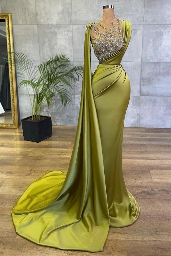 Simple Long Jewel Satin Mermaid Prom Dress by BIZTUNNEL