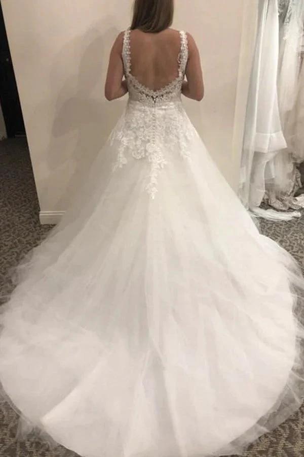 Simple Long Lace Tulle V-neck A-line Backless Wedding Dress by BIZTUNNEL