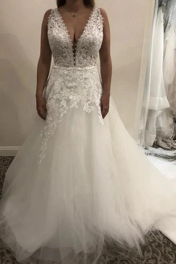 Simple Long Lace Tulle V-neck A-line Backless Wedding Dress by BIZTUNNEL