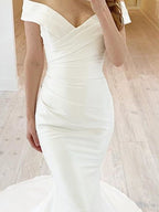 Simple Long Mermaid Off the Shoulder Chiffon Satin Wedding Dresses
