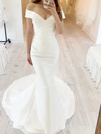 Simple Long Mermaid Off the Shoulder Chiffon Satin Wedding Dresses