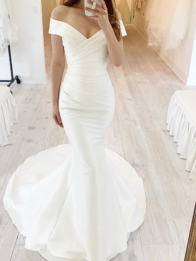 Simple Long Mermaid Off the Shoulder Chiffon Satin Wedding Dresses