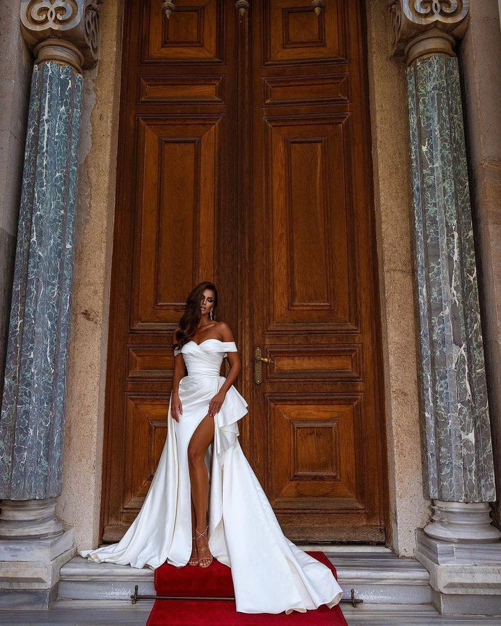 Simple Long Mermaid Off-the-shoulder Satin Wedding dress with slit by BIZTUNNEL