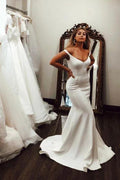 Simple Long Mermaid Off the Shoulder Satin Wedding Dress by BIZTUNNEL