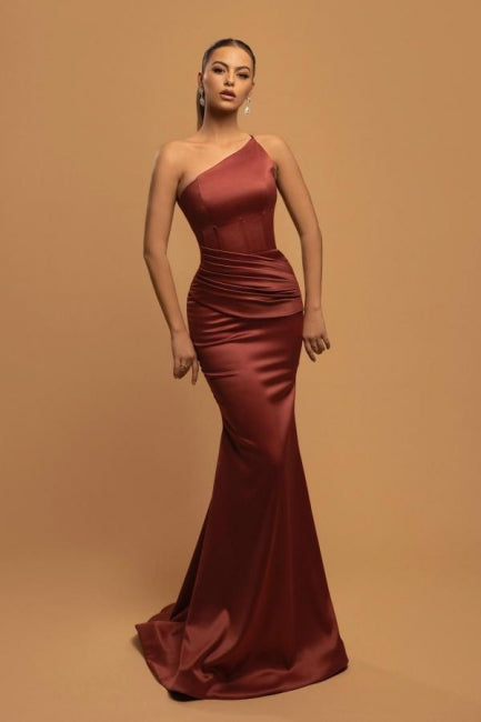 Simple Long Mermaid One Shoulder Satin Evening Dresses