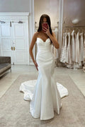 Simple Long Mermaid Satin Sleeveless Wedding Dress With Train by misshow.com