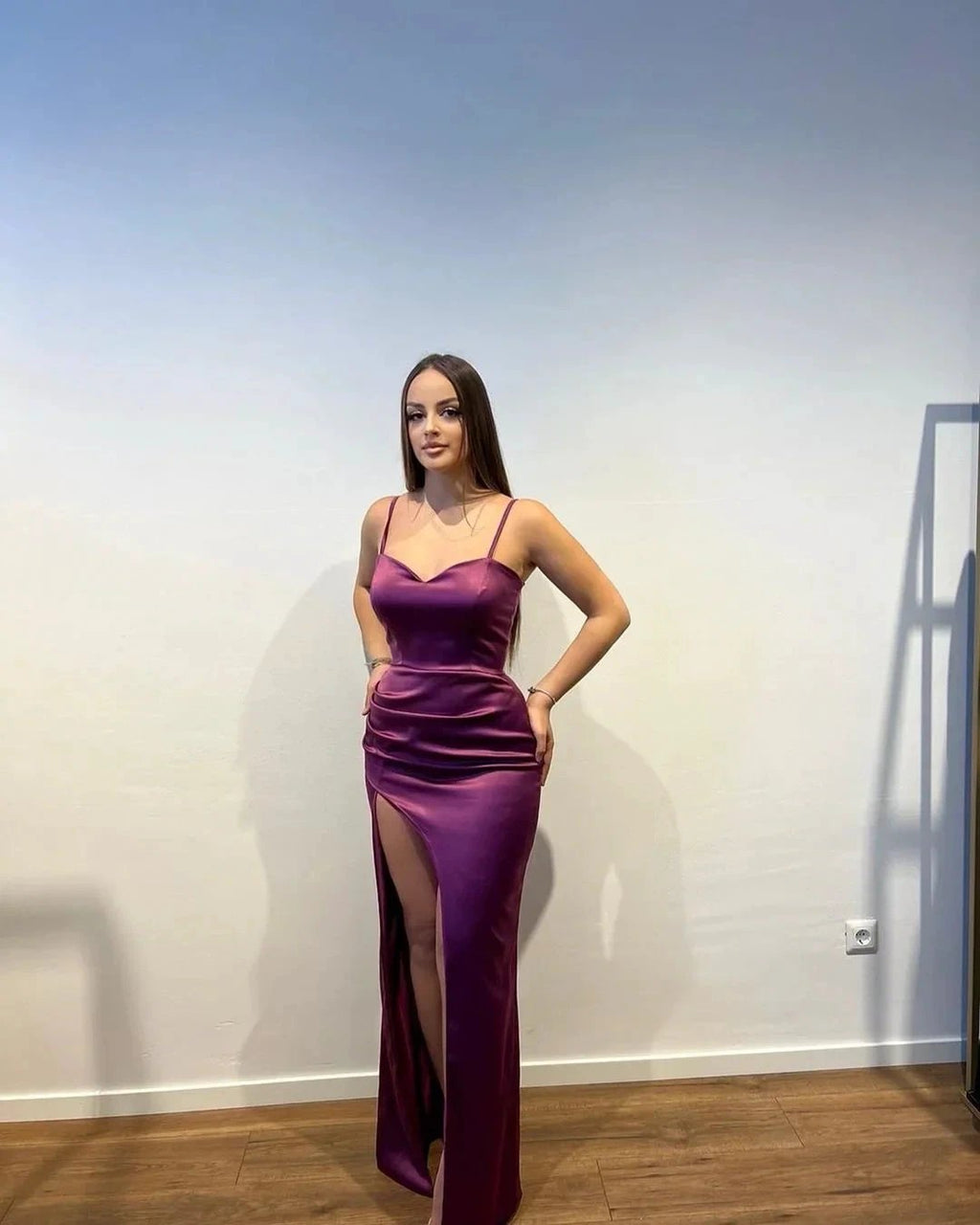 Simple Long Mermaid Spaghetti Straps V-neck Sleeveless Prom Dress With Slit by misshow.com