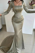 Simple Long Mermaid Square Neck Satin Prom Dress with Long Sleeves by misshow.com