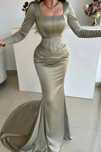 Simple Long Mermaid Square Neck Satin Prom Dress with Long Sleeves by misshow.com