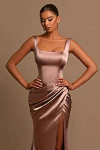 Simple Long Mermaid Straps Satin Sleeveless Formal Prom Dress With Slit by BIZTUNNEL