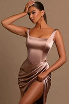 Simple Long Mermaid Straps Satin Sleeveless Formal Prom Dress With Slit by BIZTUNNEL