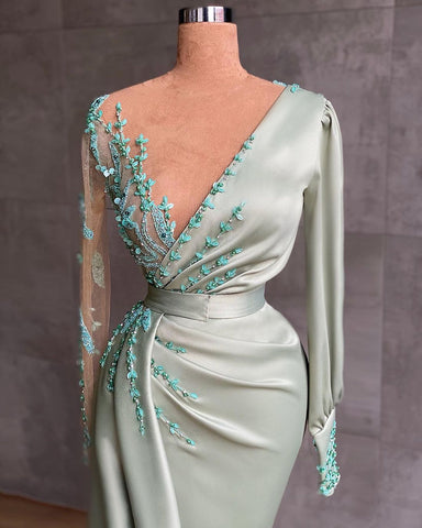 Vestido de fiesta largo de satén con escote en V y mangas, estilo sirena
