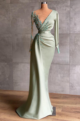 Vestido de fiesta largo de satén con escote en V y mangas, estilo sirena