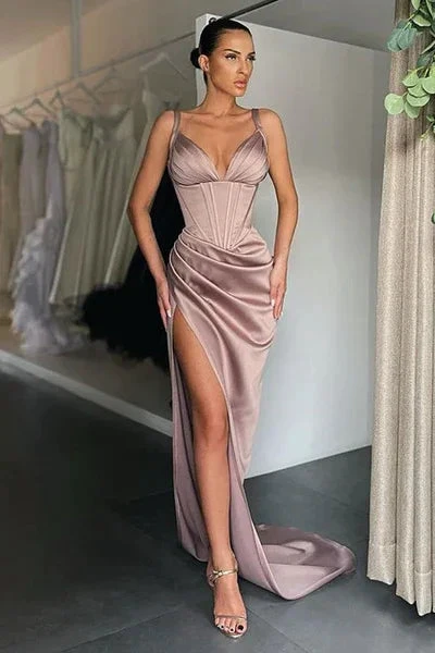 Simple Long Mermaid V-neck Sleeveless Prom Dress With Slit by misshow.com