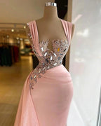 Simple Long Mermaid Wide Straps Crystal Ruffles Chiffon Prom Dress by BIZTUNNEL