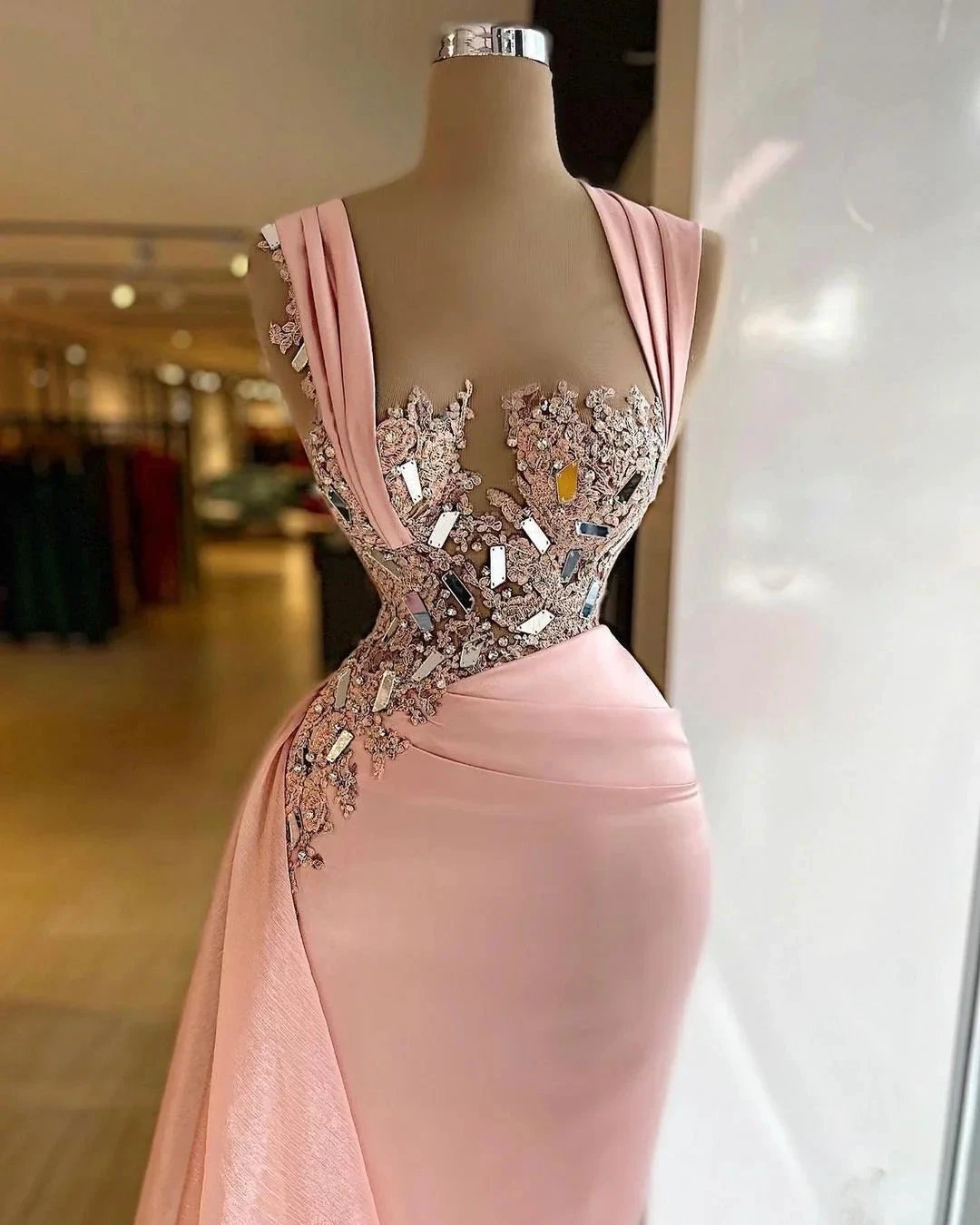 Simple Long Mermaid Wide Straps Crystal Ruffles Chiffon Prom Dress by BIZTUNNEL
