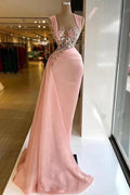 Simple Long Mermaid Wide Straps Crystal Ruffles Chiffon Prom Dress by BIZTUNNEL