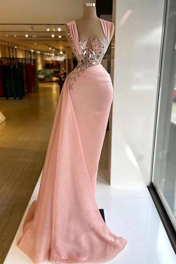 Simple Long Mermaid Wide Straps Crystal Ruffles Chiffon Prom Dress by BIZTUNNEL