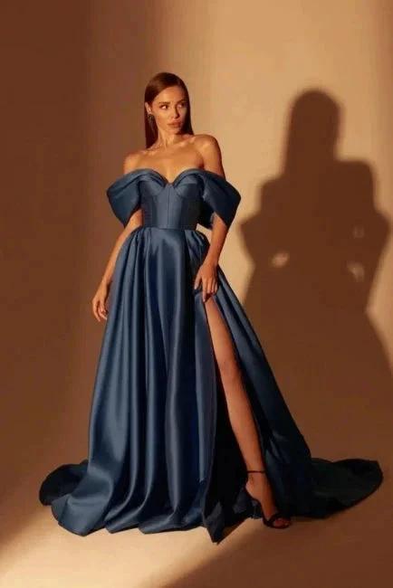 Simple Long Navy Blue A-line Off-the-shoulder Prom Dresses With Slit by misshow.com