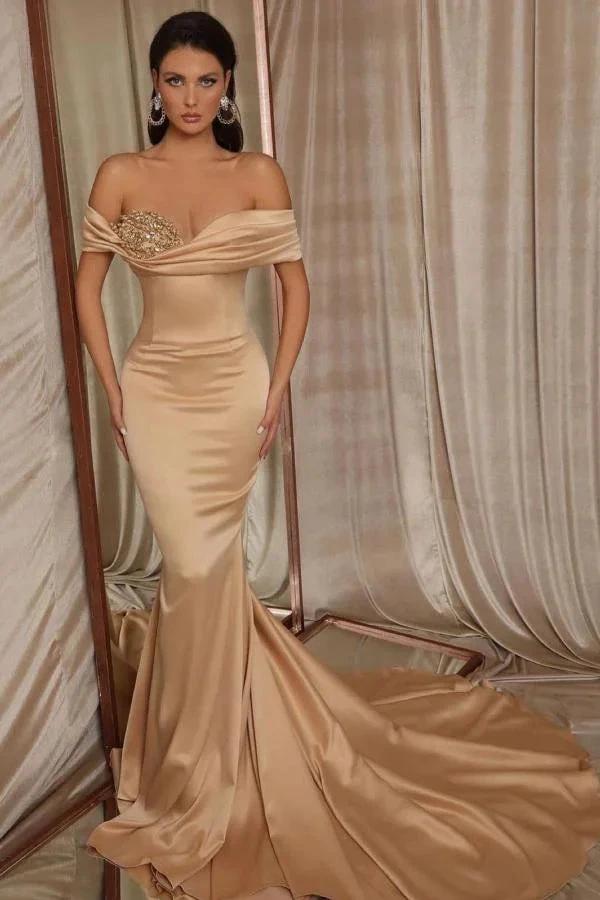 Simple Long off-the-shoulder Ruffles Satin Mermaid Prom Dress by BIZTUNNEL