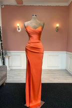 Simple Long Orange Mermaid Strapless Satin Prom Dress With Slit by misshow.com