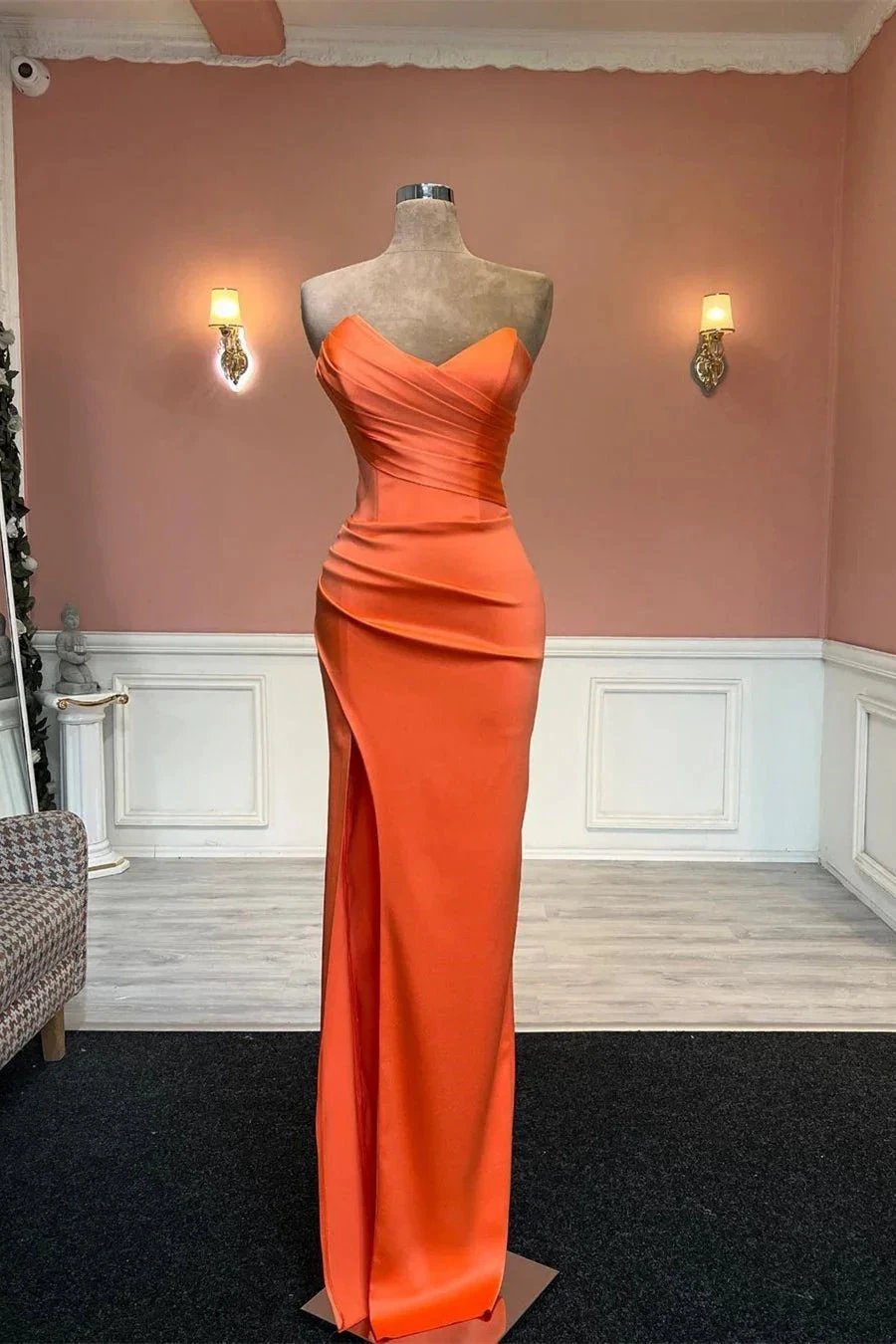 Simple Long Orange Mermaid Strapless Satin Prom Dress With Slit by misshow.com