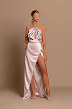 Simple Long Pink Halter Satin Sleeveless Prom Dress With Slit by misshow.com