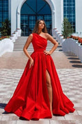 Simple Long Red A-line One Shoulder Satin Sleeveless Evening Dresses With Slit by misshow.com